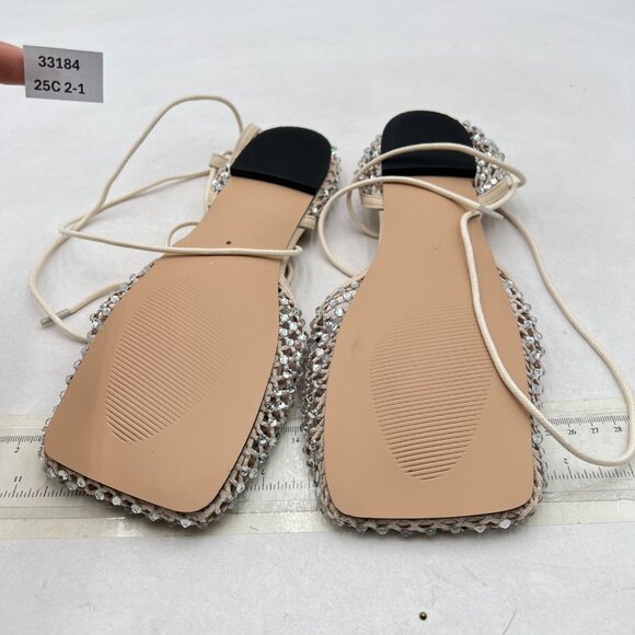 XYD Beige Square Toe Studded Flats Sandals Mesh D'Orsay Ankle Strap Slip On Shoe - Picture 7 of 8